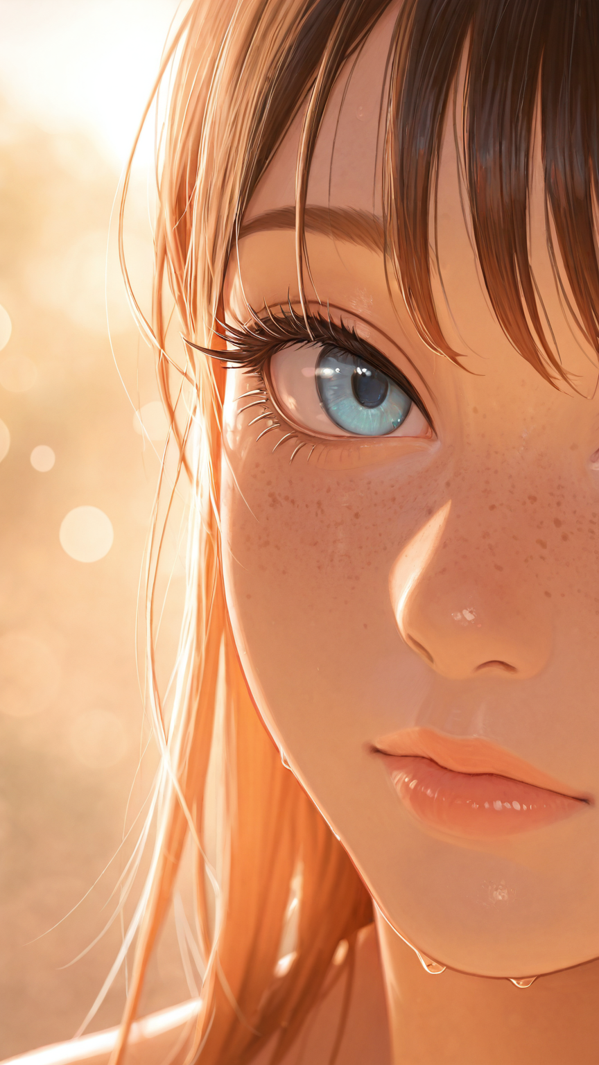 A close-up portrait showing the level of detail achievable after proper upscaling and enhancement — individual eyelashes, subtle skin texture, and soft bokeh that raw upscaling alone can't produce.